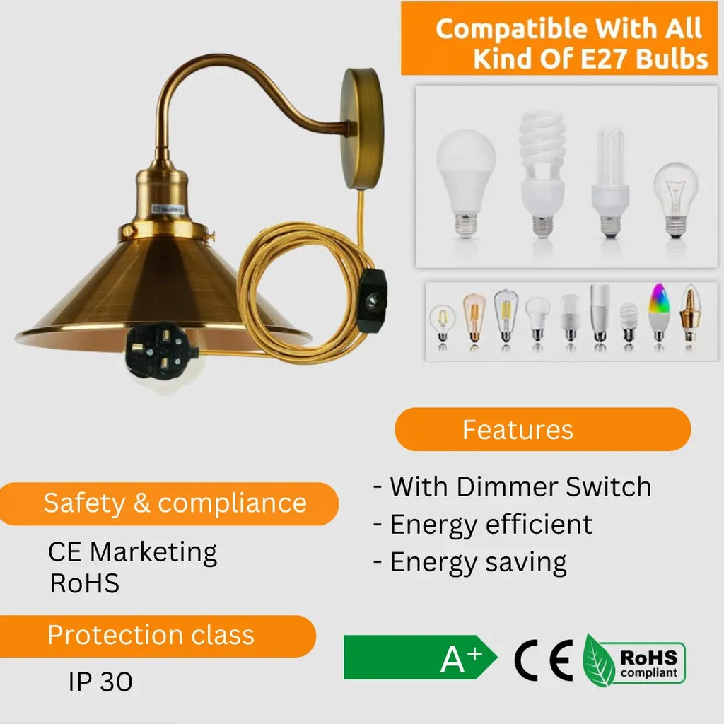Adjustable Plug-in Wall Light with Dimmer Switch 2M Cable E27 Socket