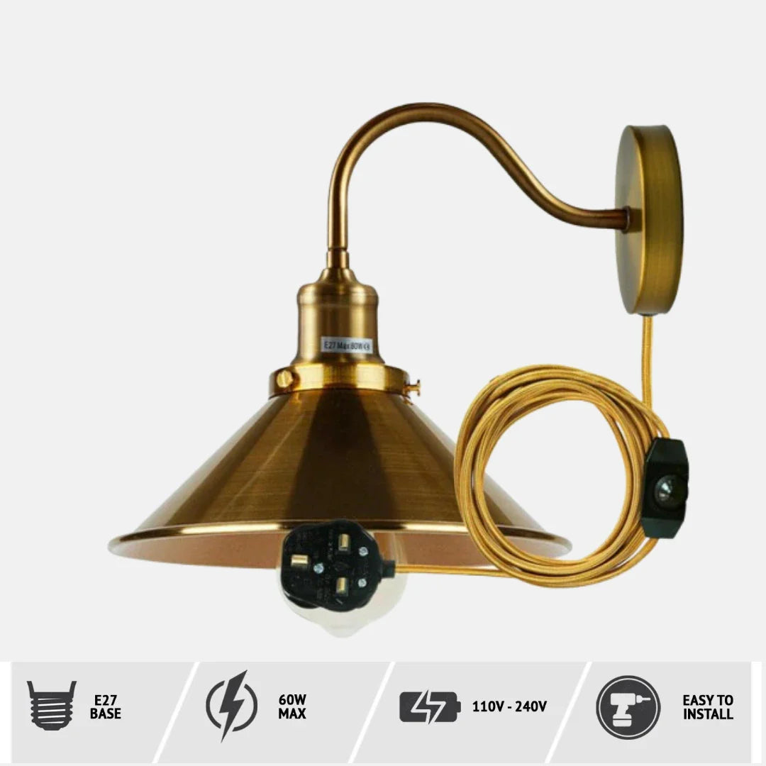Vintage Industrial Plug-in Wall Sconce Light, Dimmer Switch, E27 Socket, 2M Cord