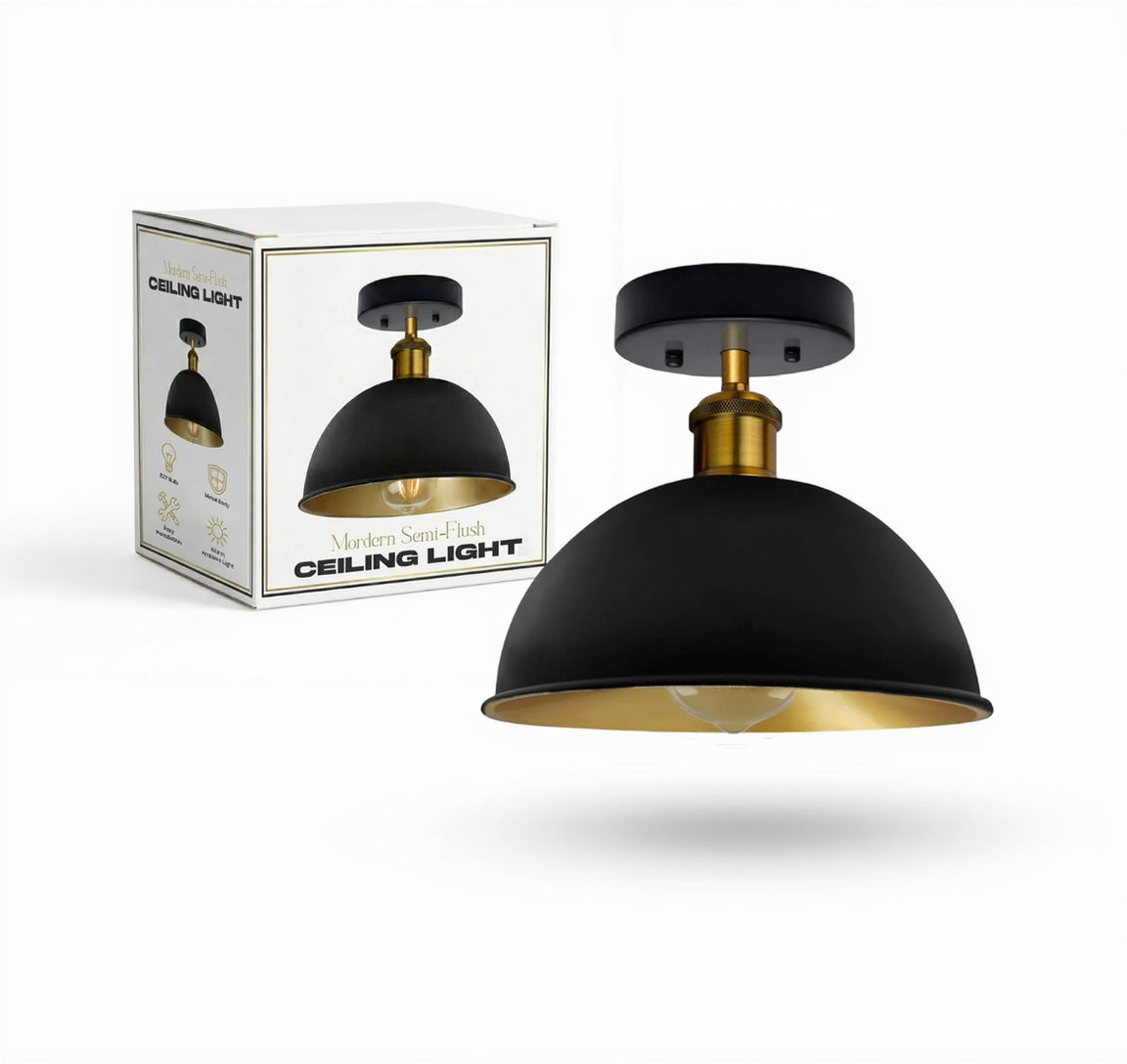 Vintage Industrial Black and Gold Dome Flush Mount Ceiling Light
