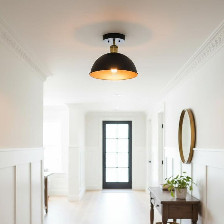 Vintage Industrial Black and Gold Dome Flush Mount Ceiling Light