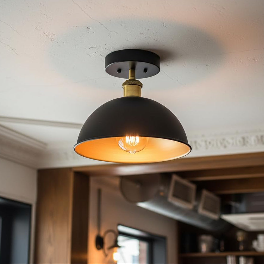 Vintage Industrial Black and Gold Dome Flush Mount Ceiling Light