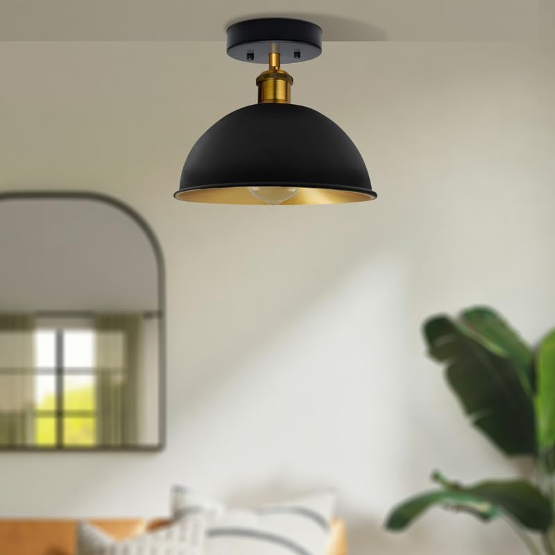 Vintage Industrial Black and Gold Dome Flush Mount Ceiling Light