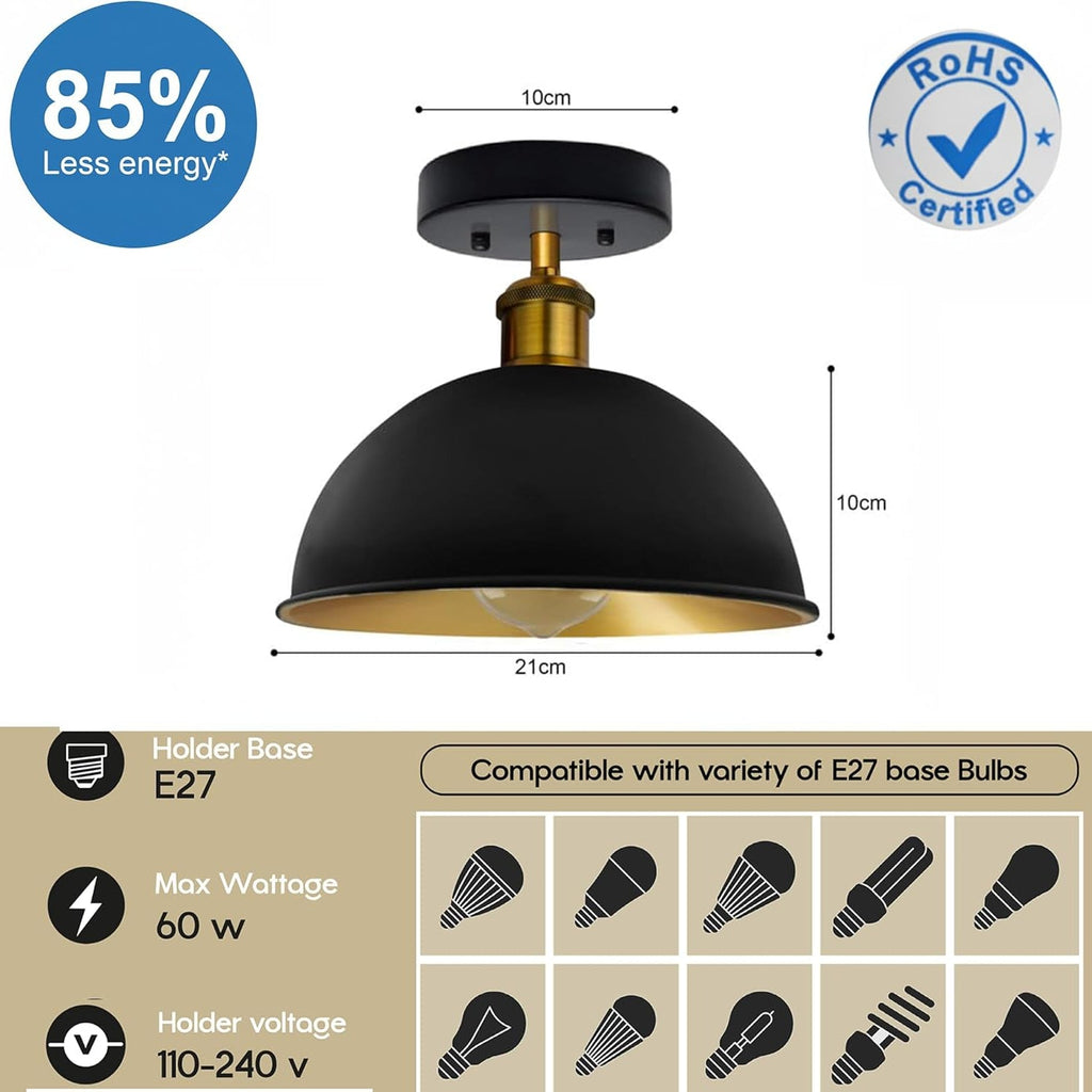 Vintage Industrial Black and Gold Dome Flush Mount Ceiling Light