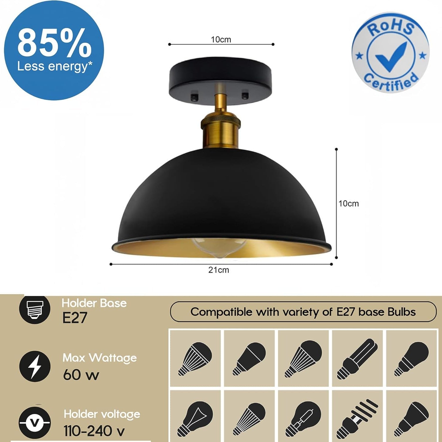 Vintage Industrial Black and Gold Dome Flush Mount Ceiling Light
