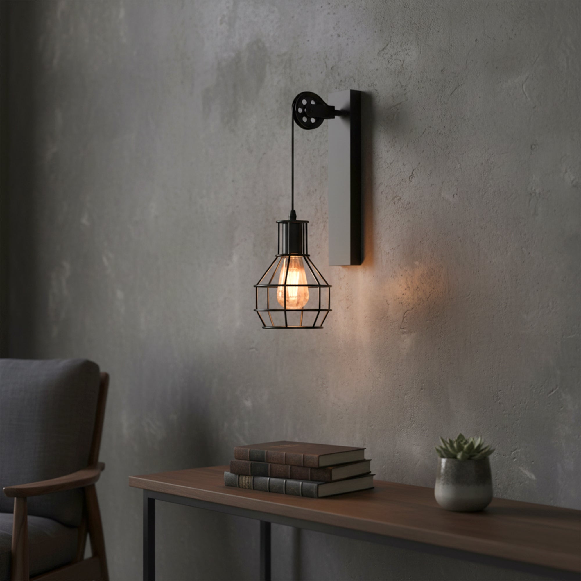 Adjustable Industrial Black Metal Pendant Light Pulley System for Cable Management