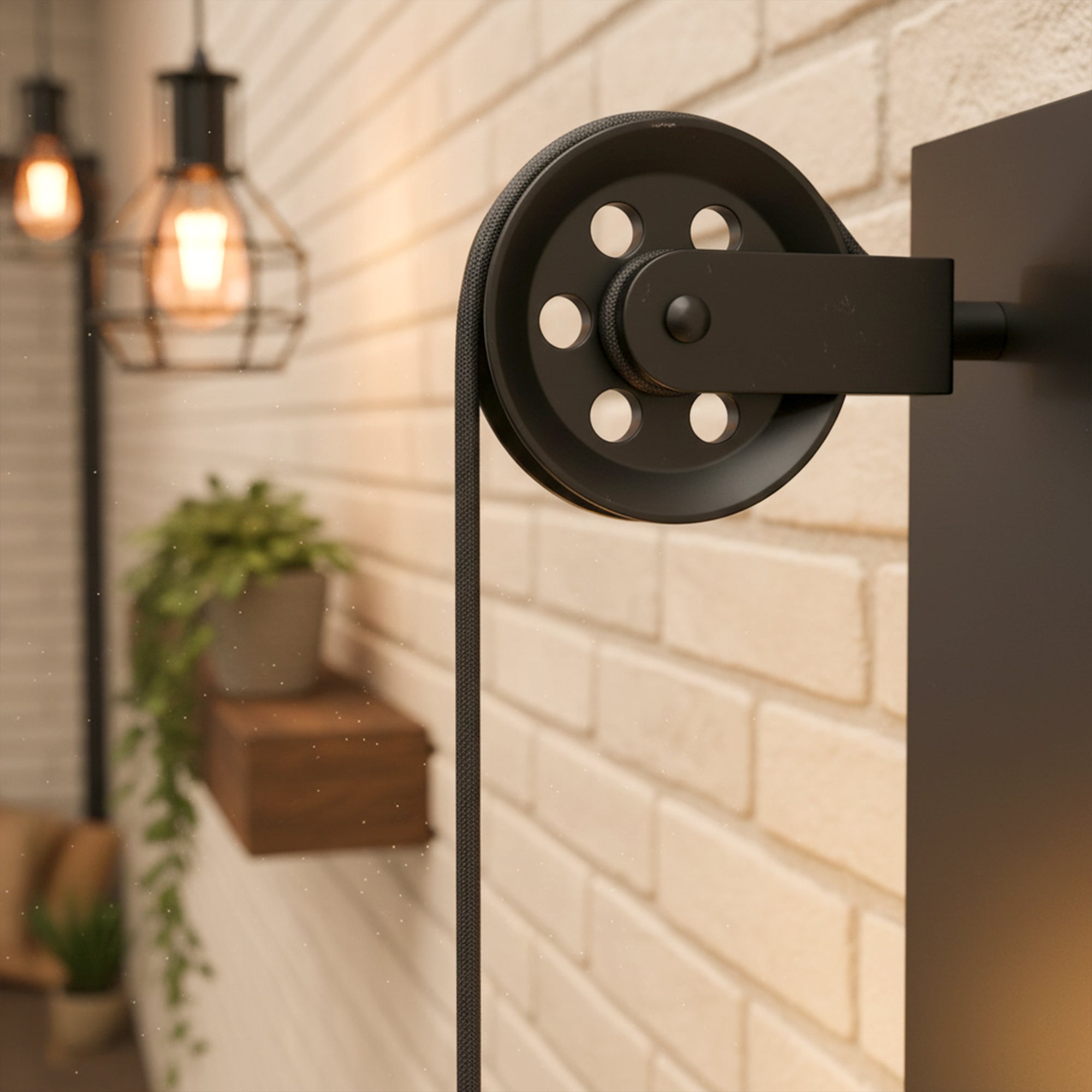 Adjustable Industrial Black Metal Pendant Light Pulley System for Cable Management