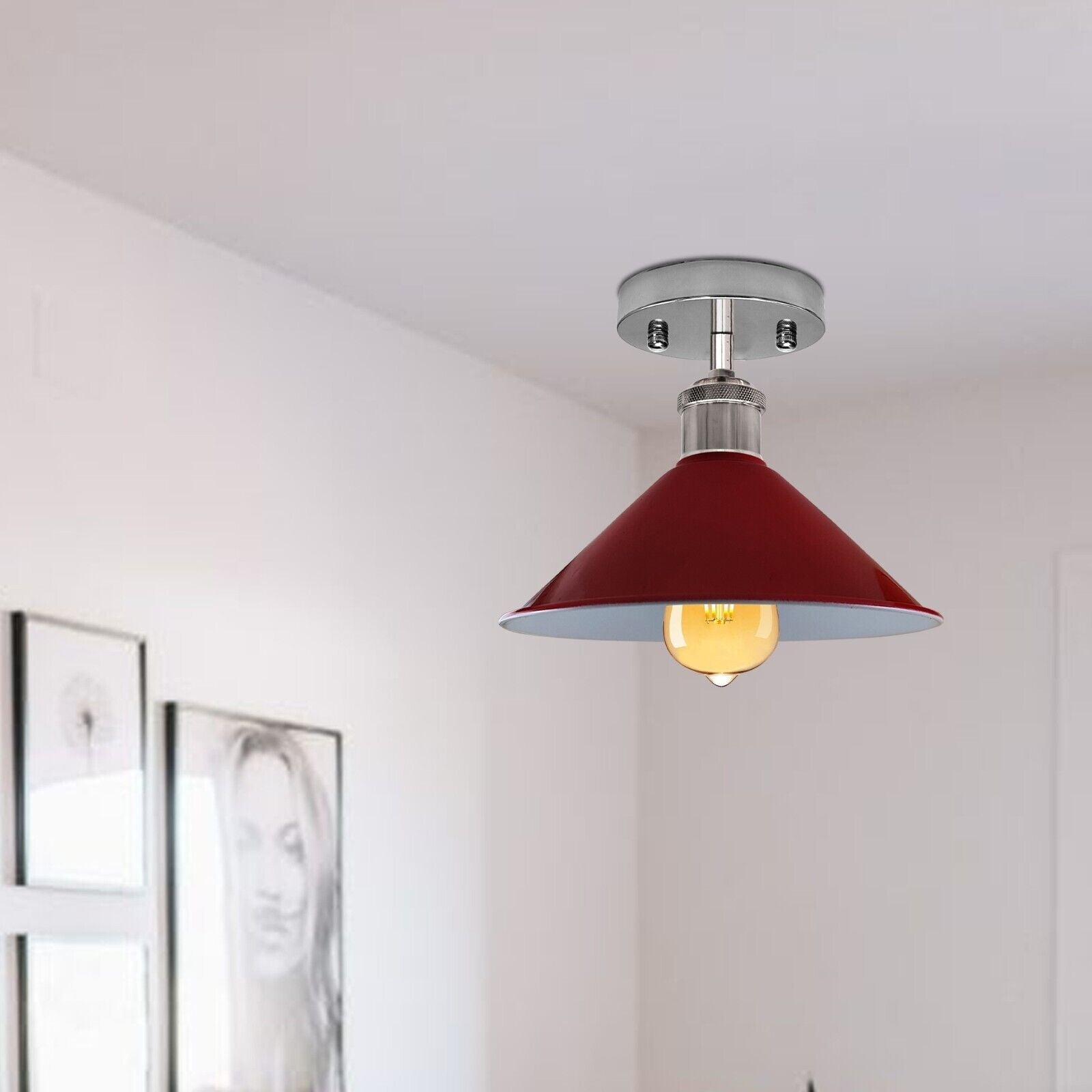 Industrial Cone Flush Mount Ceiling Light, Vintage Retro Metal Fixture for Living Room