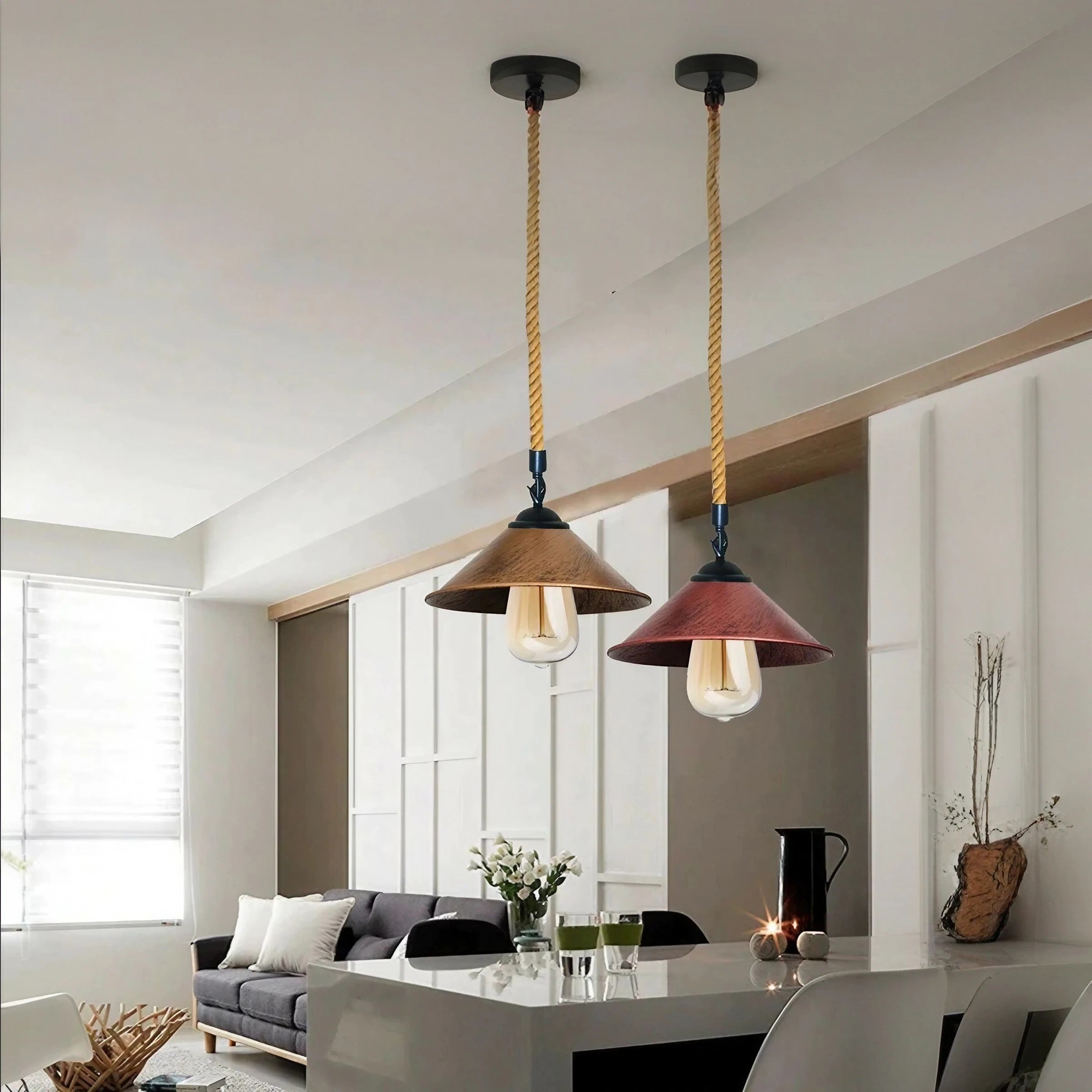 Industrial Metal Pendant Light with Vintage Hemp Rope Suspension