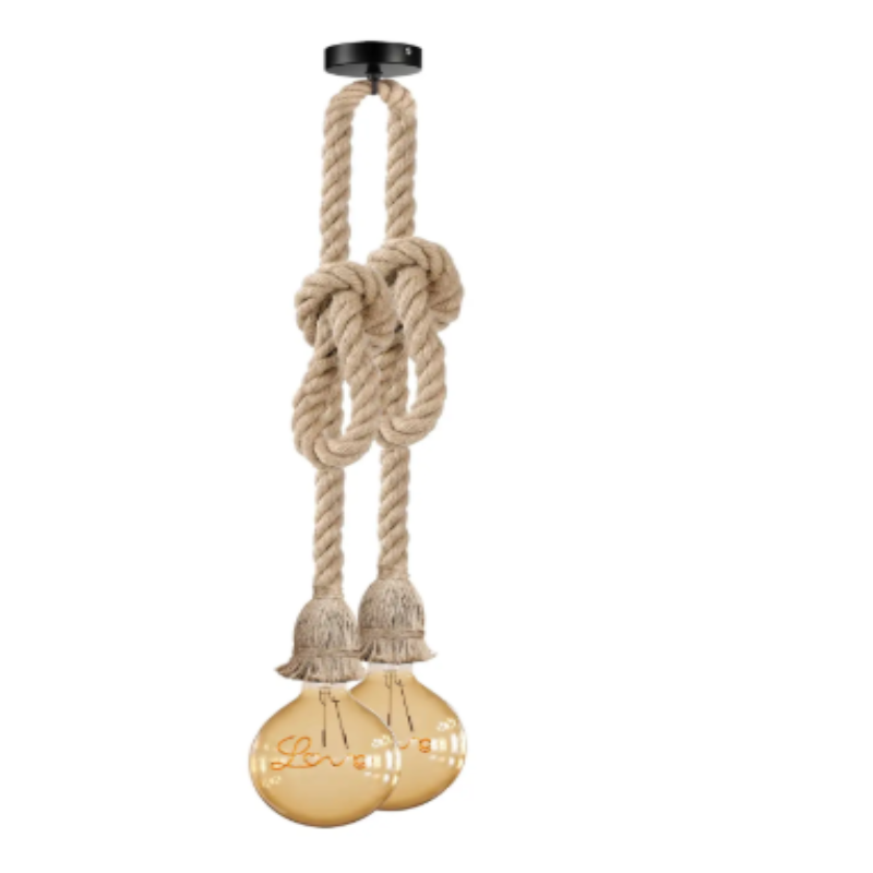 Vintage Industrial Hemp Rope Double Head Pendant Light Fixture, Adjustable 3 Meter Cord