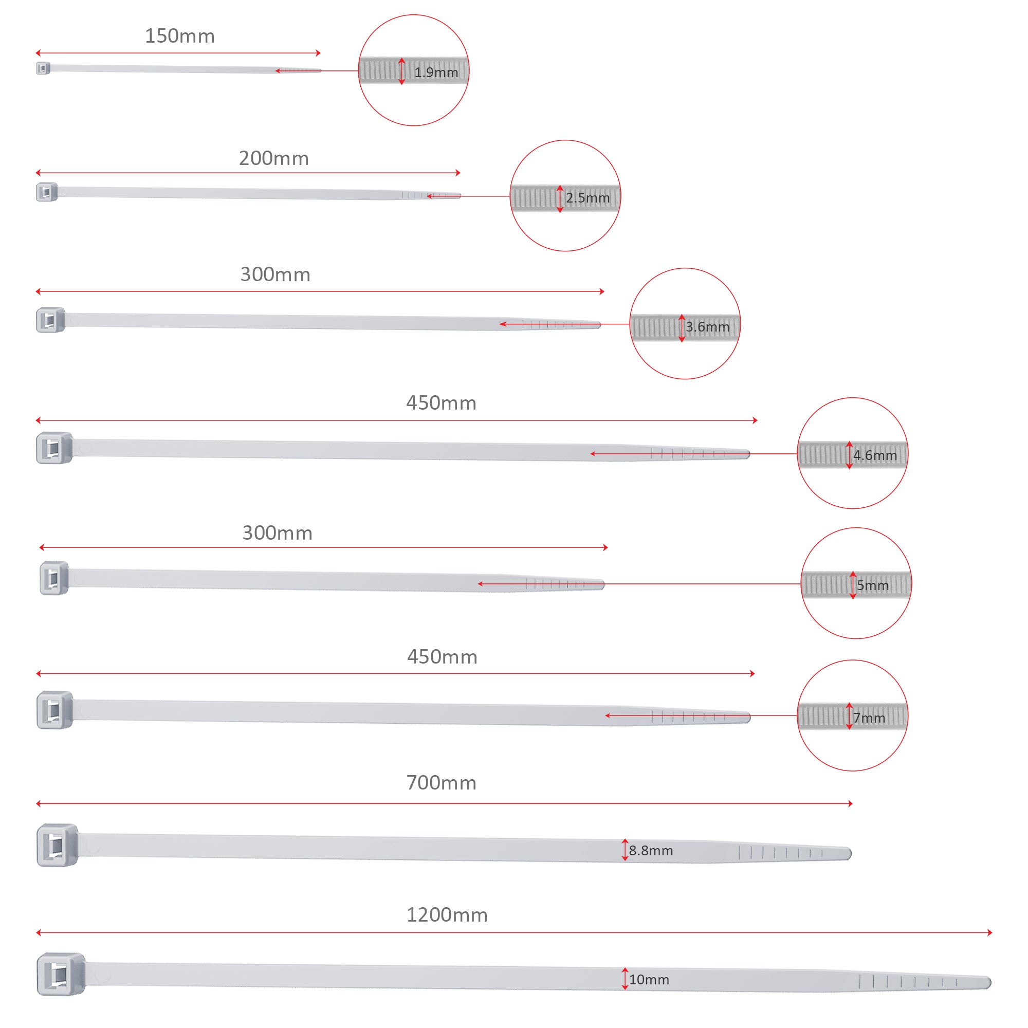 100 Pack Heavy Duty White Nylon Self-Locking Cable Ties