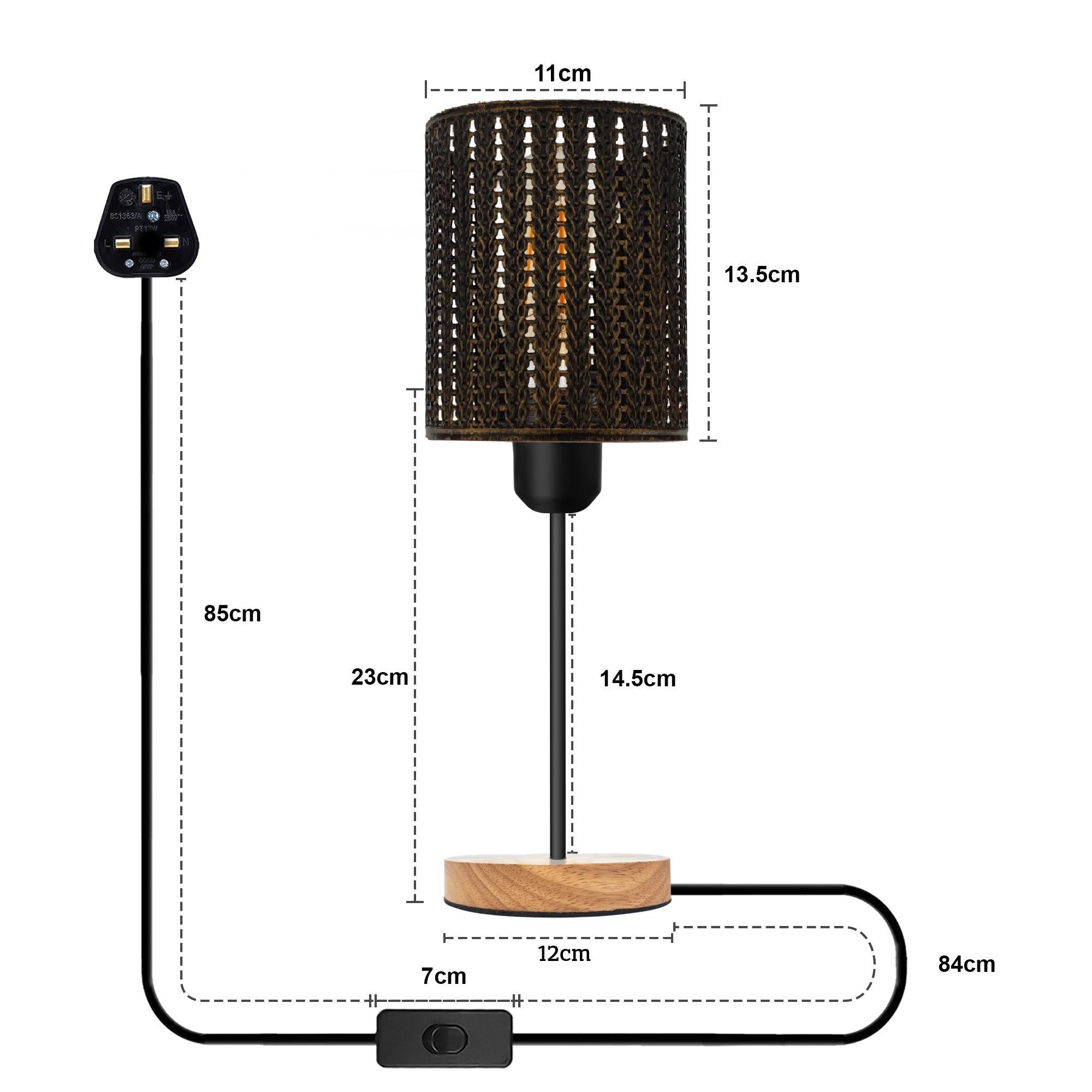 Industrial Metal Wire Cage Wooden Stand Plug-in Table Lamp with On/Off Switch