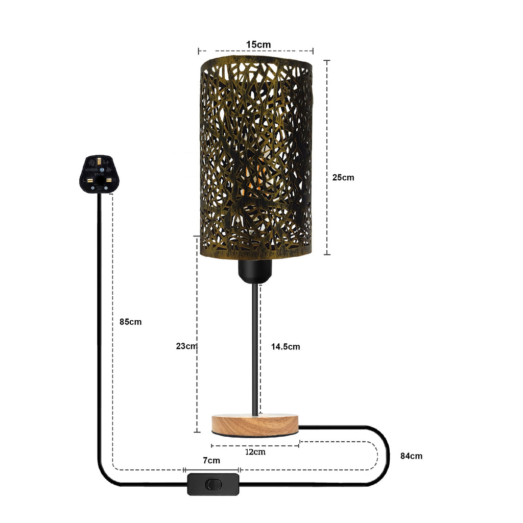 Industrial Metal Wire Cage Table Lamp, Wooden Base, E27 Bulb Socket, On/Off Switch
