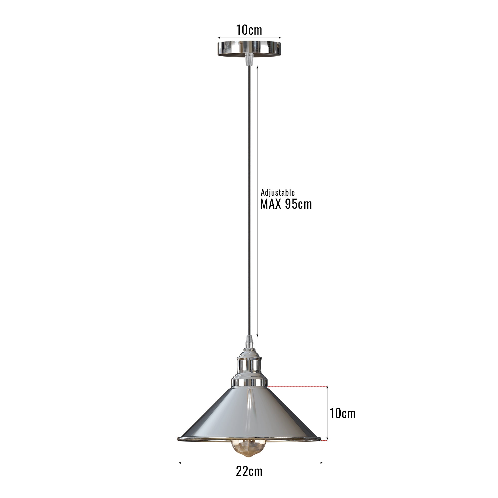 Modern Industrial Chrome Cone Pendant Light Fixture with Adjustable Height