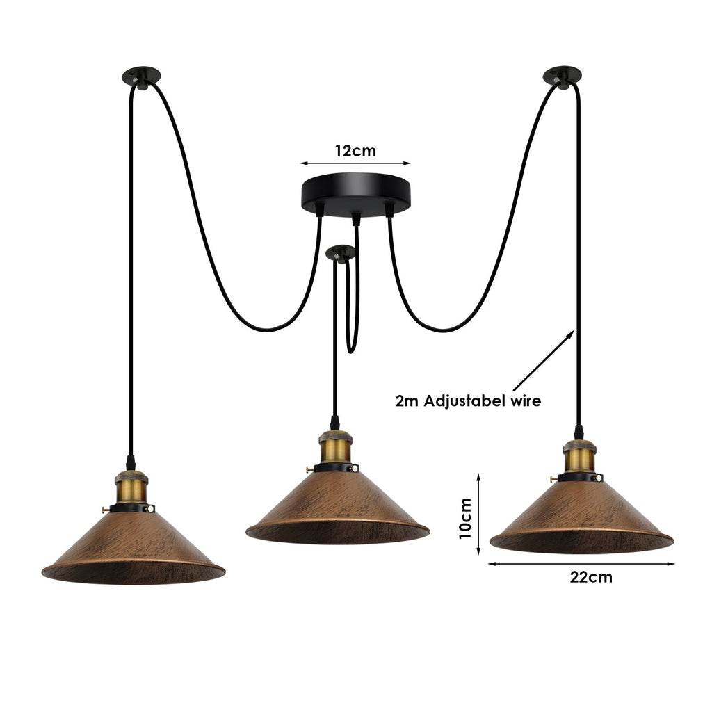 Elegant 3-Way Spider Pendant Light with Brushed Copper Shades, Adjustable Cables