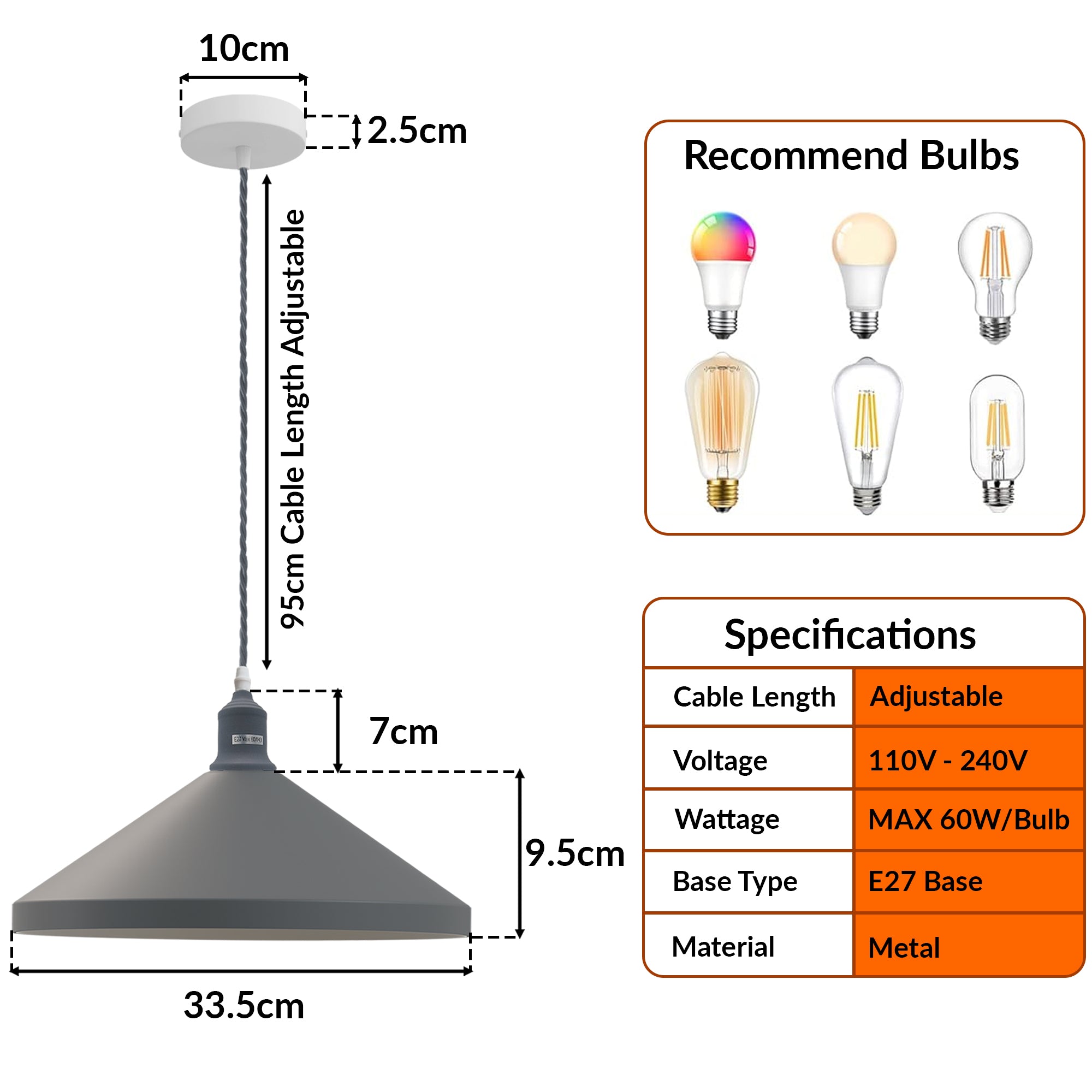 Modern Industrial Metal Cone Pendant Light with Adjustable Hanging Cable