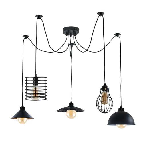 Industrial 5-Light Spider Pendant Chandelier Matte Black Exposed Bulb Fixture