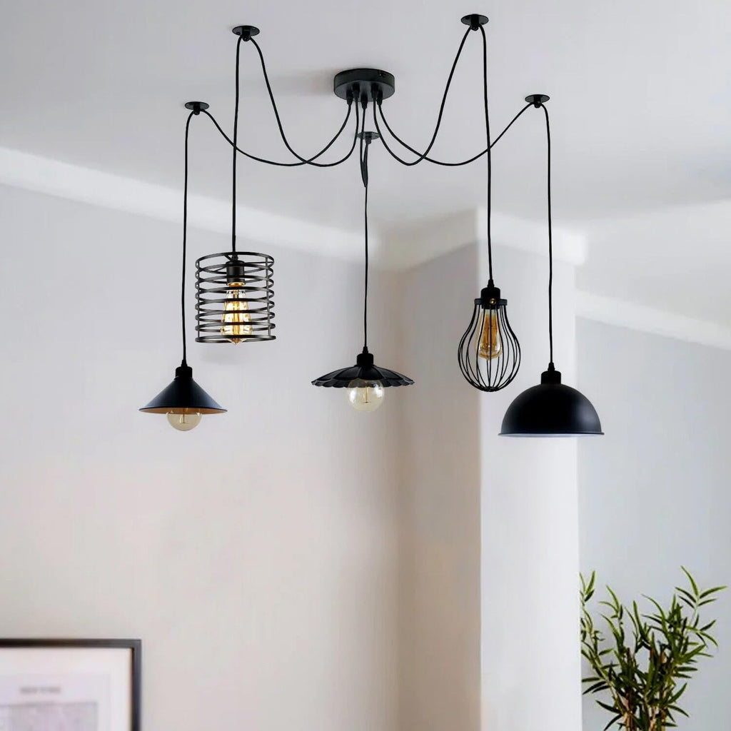 Industrial 5-Light Spider Pendant Chandelier Matte Black Exposed Bulb Fixture