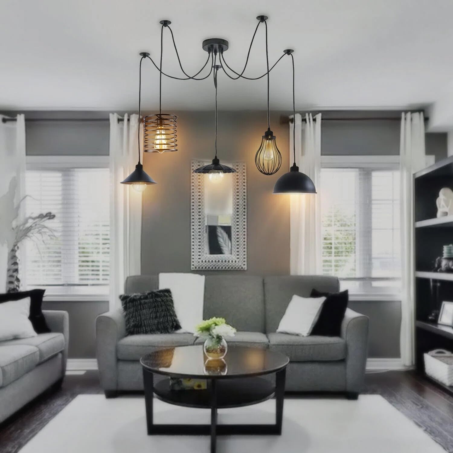 Industrial 5-Light Spider Pendant Chandelier Matte Black Exposed Bulb Fixture