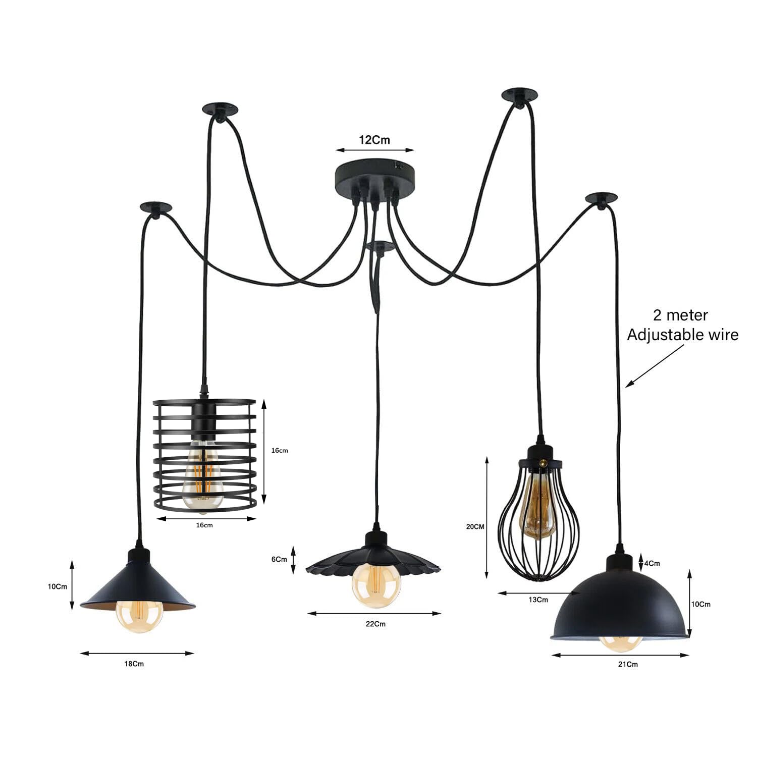 Industrial 5-Light Spider Pendant Chandelier Matte Black Exposed Bulb Fixture