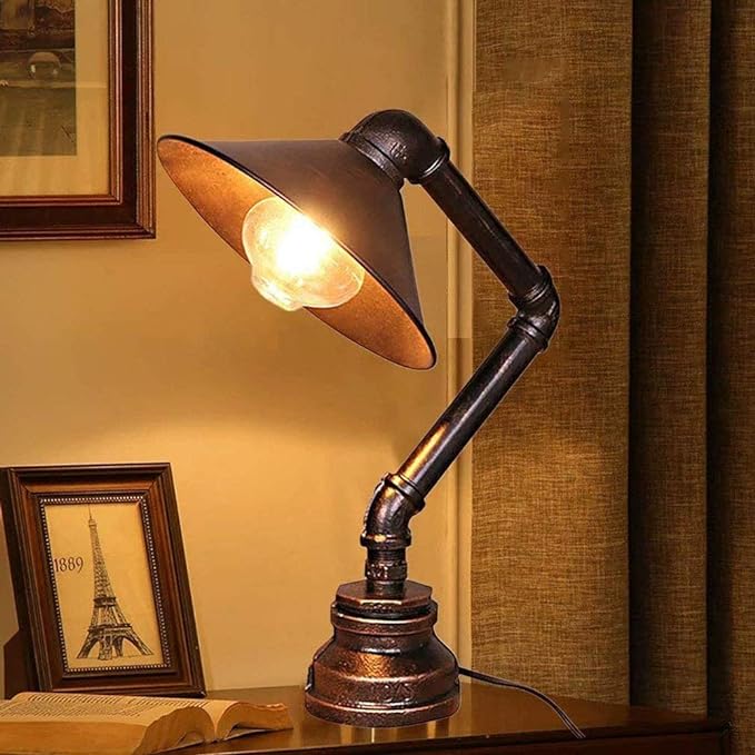 Industrial Vintage Steel Pipe Desk Lamp Brushed Copper E27