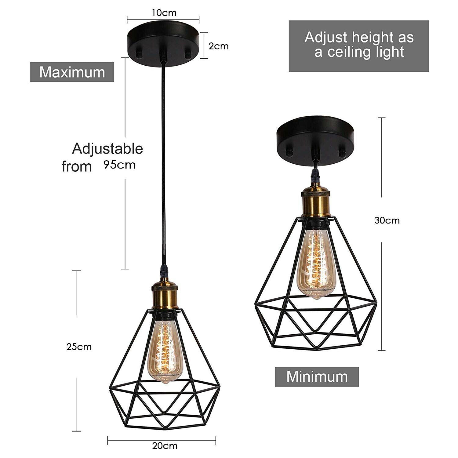 Modern Industrial Black Metal Diamond Cage Pendant Light Fixture, E27 Base, Ceiling Hanging