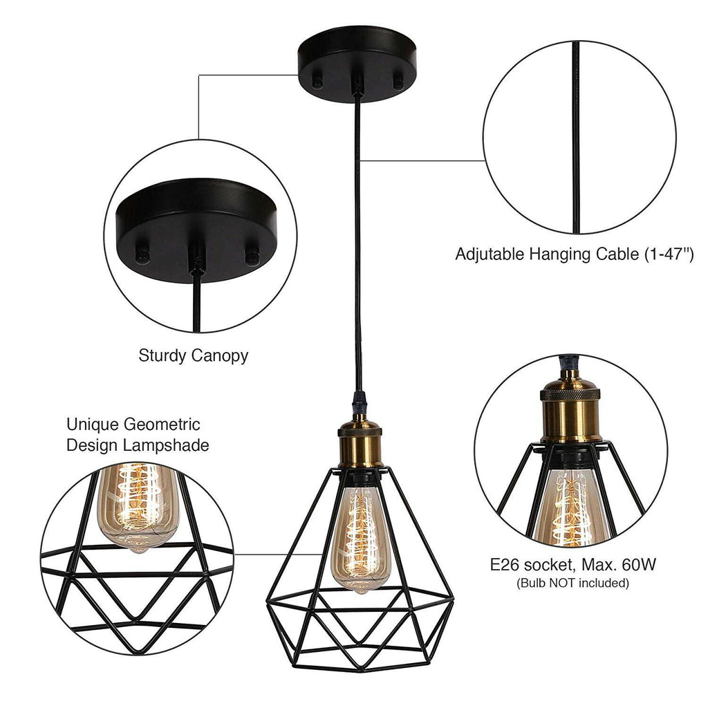 Modern Industrial Black Metal Diamond Cage Pendant Light Fixture, E27 Base, Ceiling Hanging