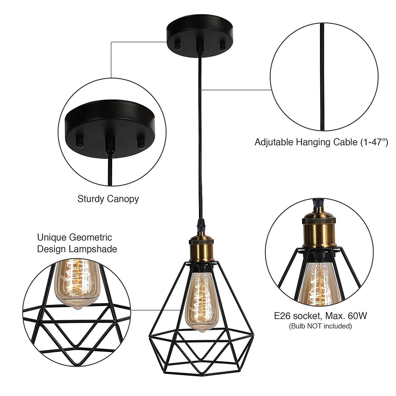Modern Industrial Black Metal Diamond Cage Pendant Light Fixture, E27 Base, Ceiling Hanging