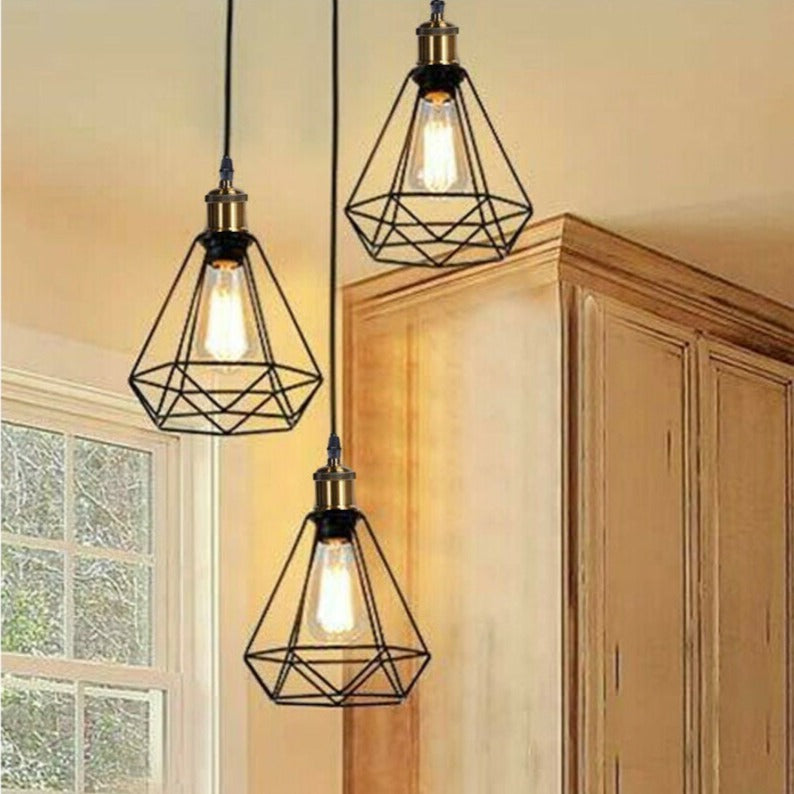 Modern Industrial Black Metal Diamond Cage Pendant Light Fixture, E27 Base, Ceiling Hanging