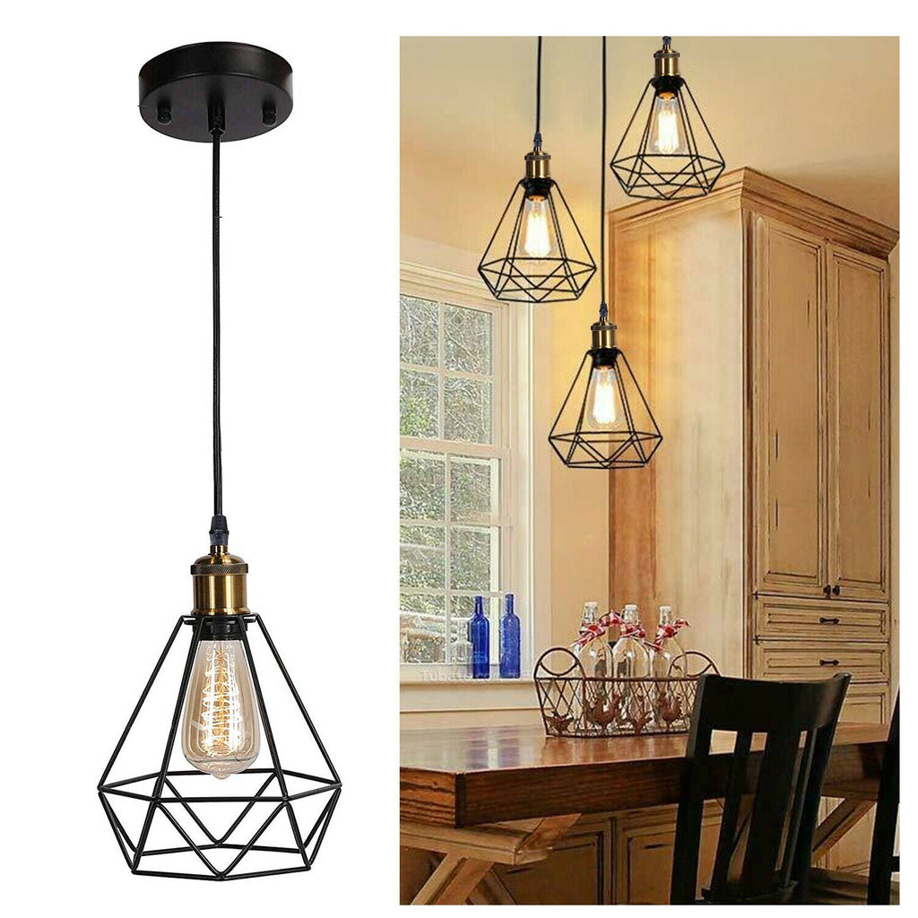 Modern Industrial Black Metal Diamond Cage Pendant Light Fixture, E27 Base, Ceiling Hanging