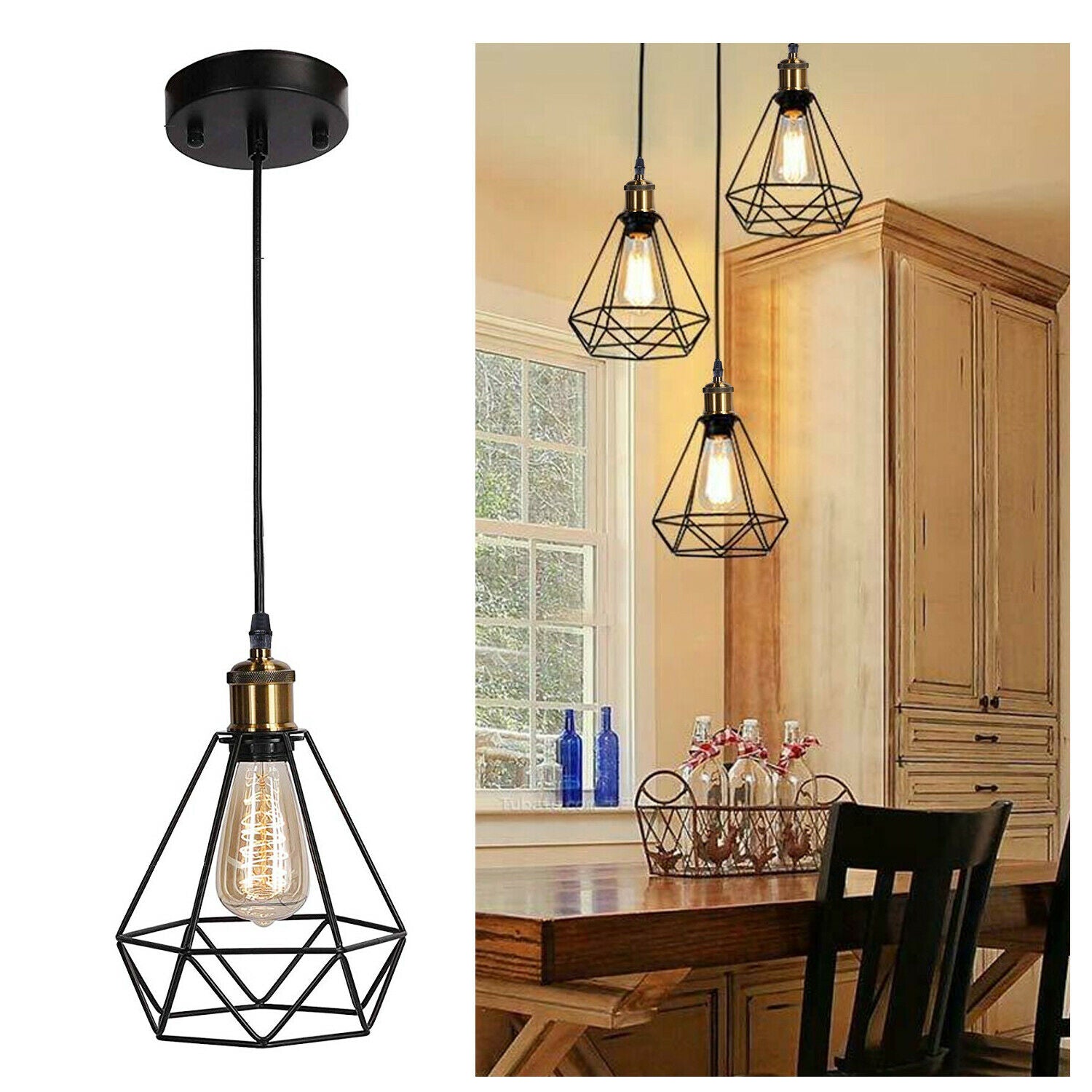Modern Industrial Black Metal Diamond Cage Pendant Light Fixture, E27 Base, Ceiling Hanging