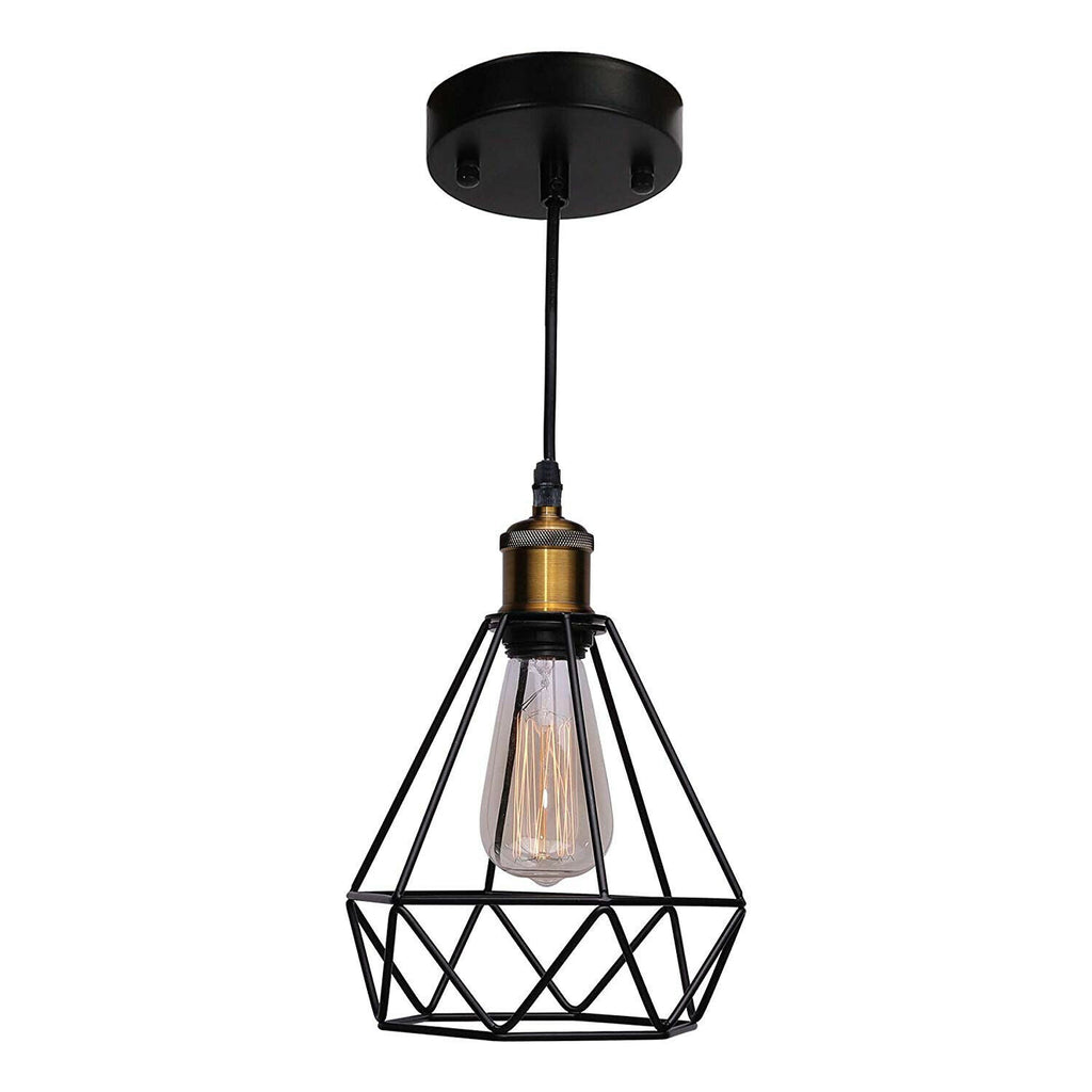 Modern Industrial Black Metal Diamond Cage Pendant Light Fixture, E27 Base, Ceiling Hanging