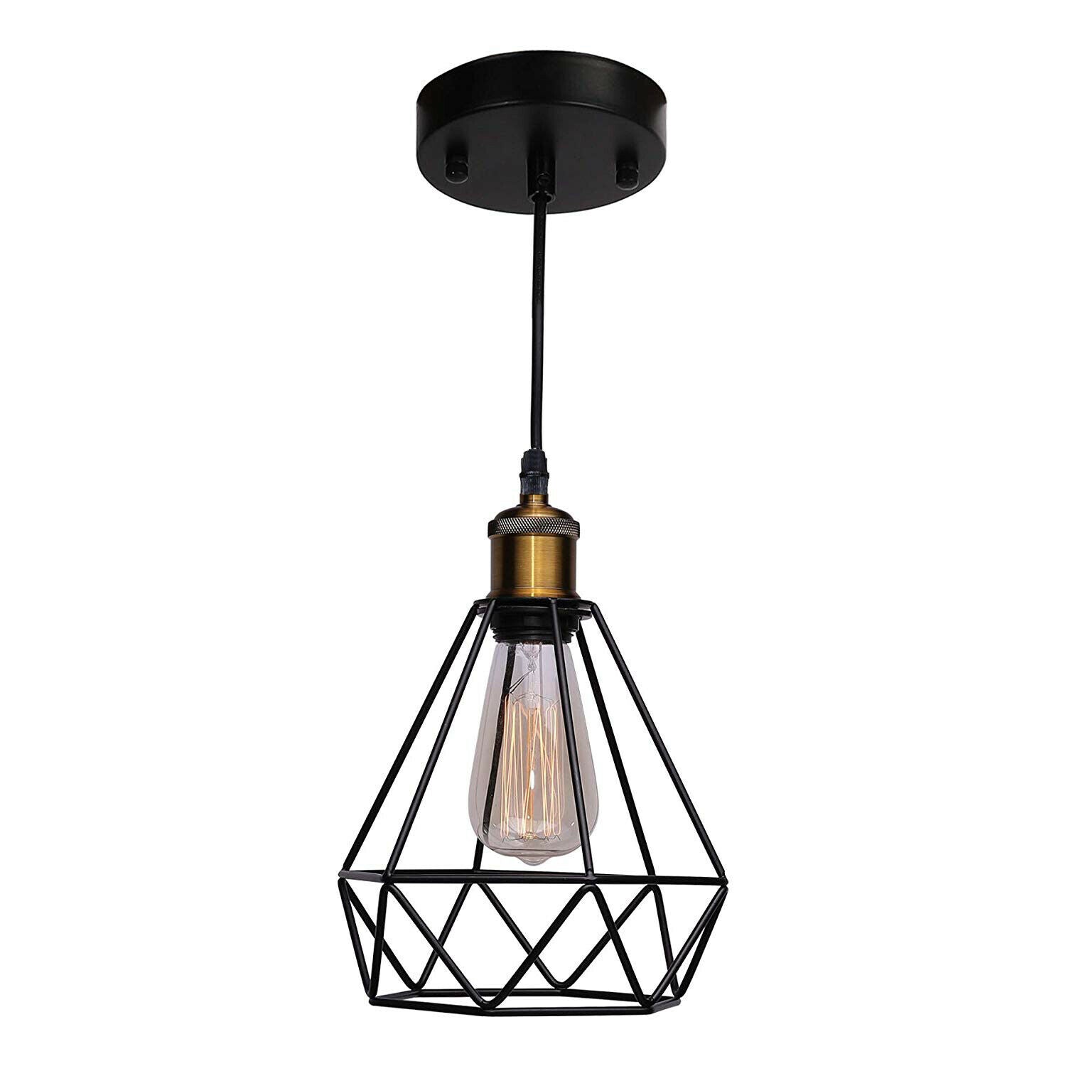 Modern Industrial Black Metal Diamond Cage Pendant Light Fixture, E27 Base, Ceiling Hanging