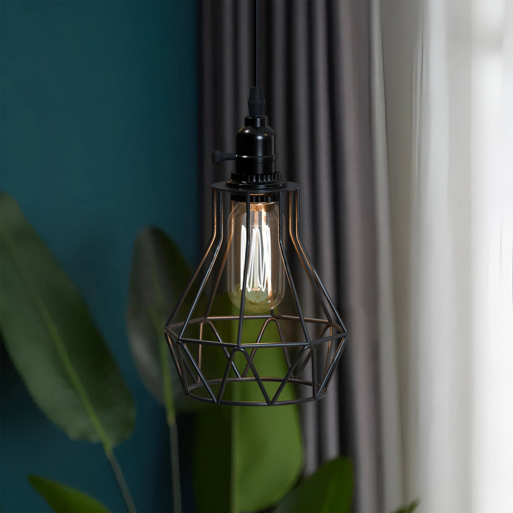 Vintage Industrial Black Metal Cage Pendant Light, Adjustable Cable, E27 Base