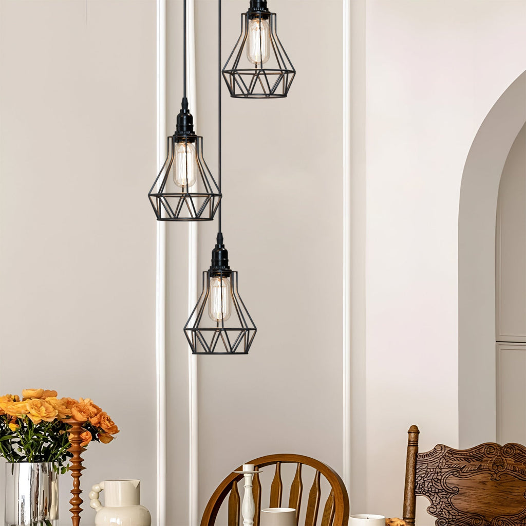Vintage Industrial Black Metal Cage Pendant Light, Adjustable Cable, E27 Base