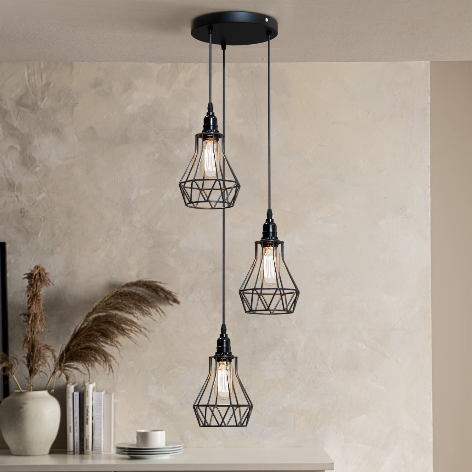 Vintage Industrial Black Metal Cage Pendant Light ~5749