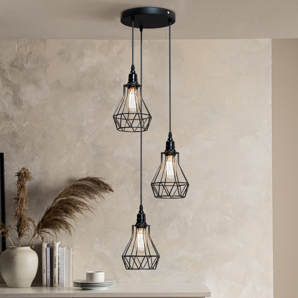 Vintage Industrial Black Metal Cage Pendant Light, Adjustable Cable, E27 Base