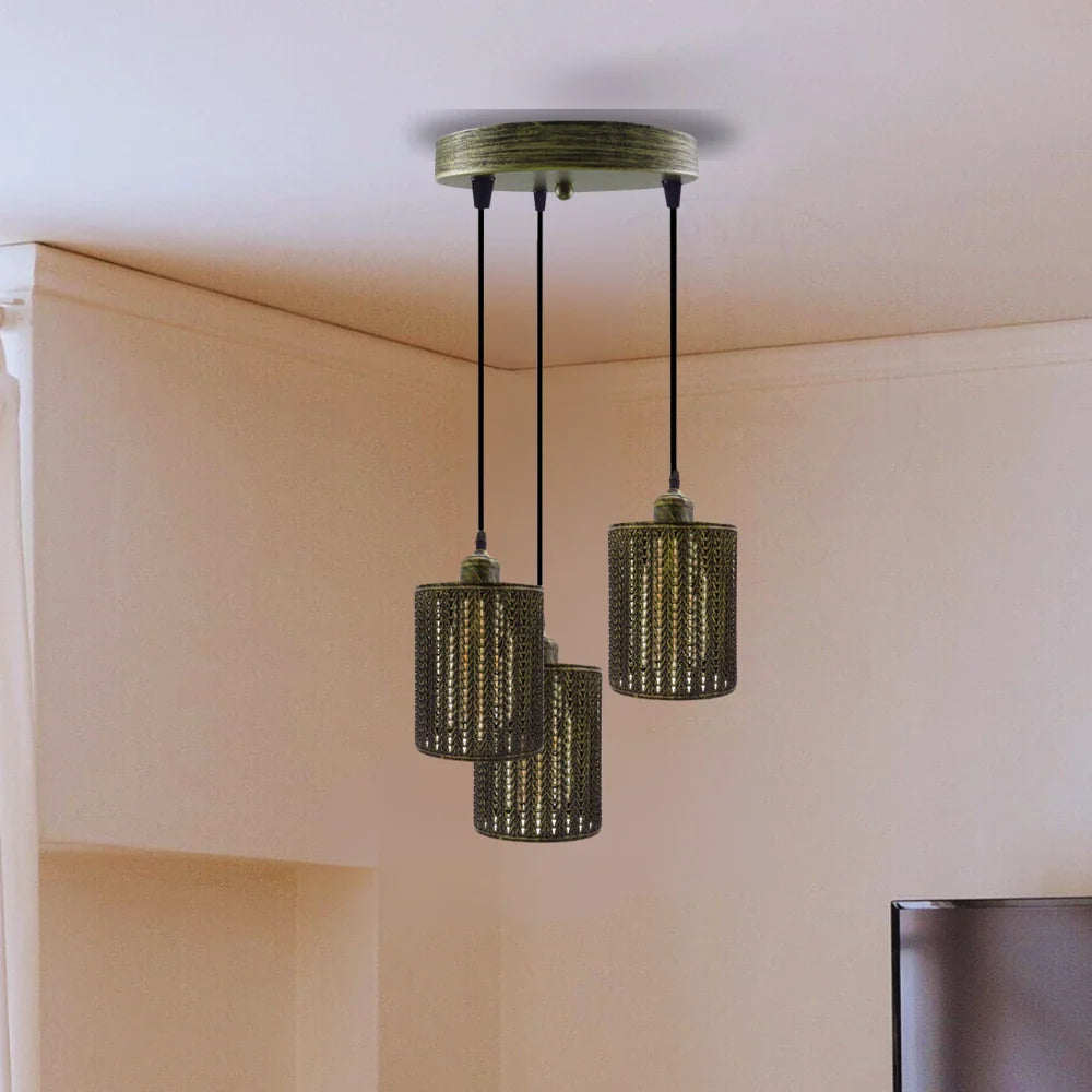 Industrial 3-Light Pendant Ceiling Fixture: Vintage Metal Cage Design with Adjustable Cords