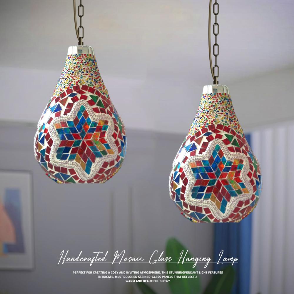 Vibrant Turkish Moroccan Mosaic Glass Pendant Light, Adjustable Hanging Bulb Fixture
