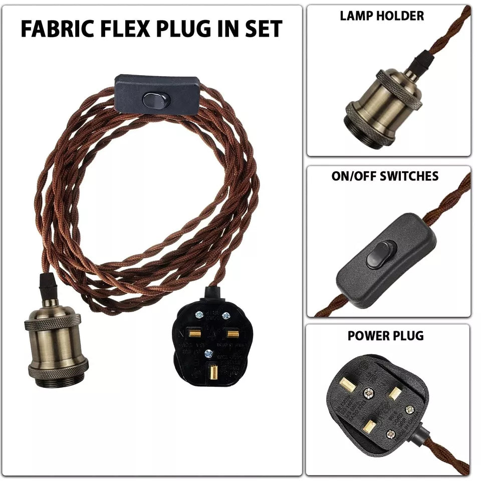 Versatile 16.4ft Twisted Fabric Flex Pendant Light Kit, E27 UK Plug, Black & Brown