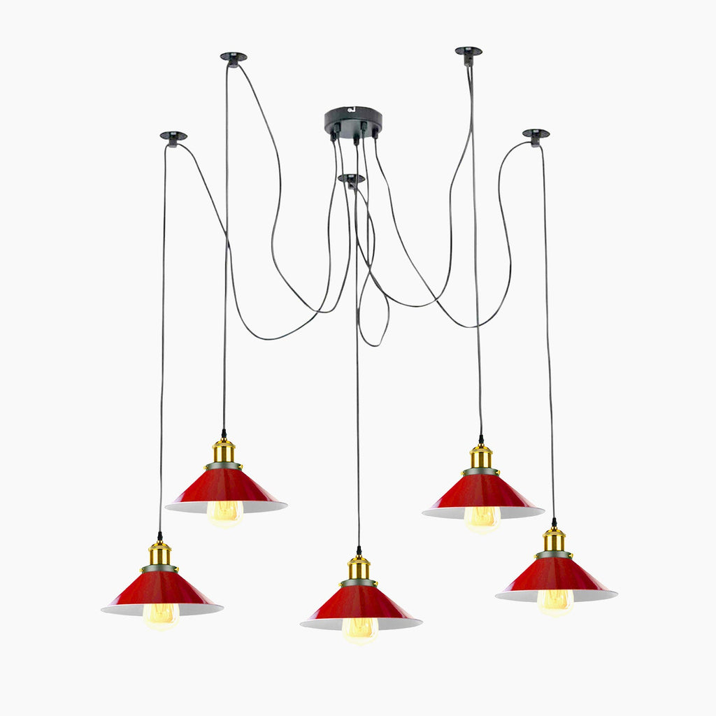 Red 5-Way Spider Chandelier Ceiling Lamp, Adjustable Industrial E27 Indoor Lighting Fixture