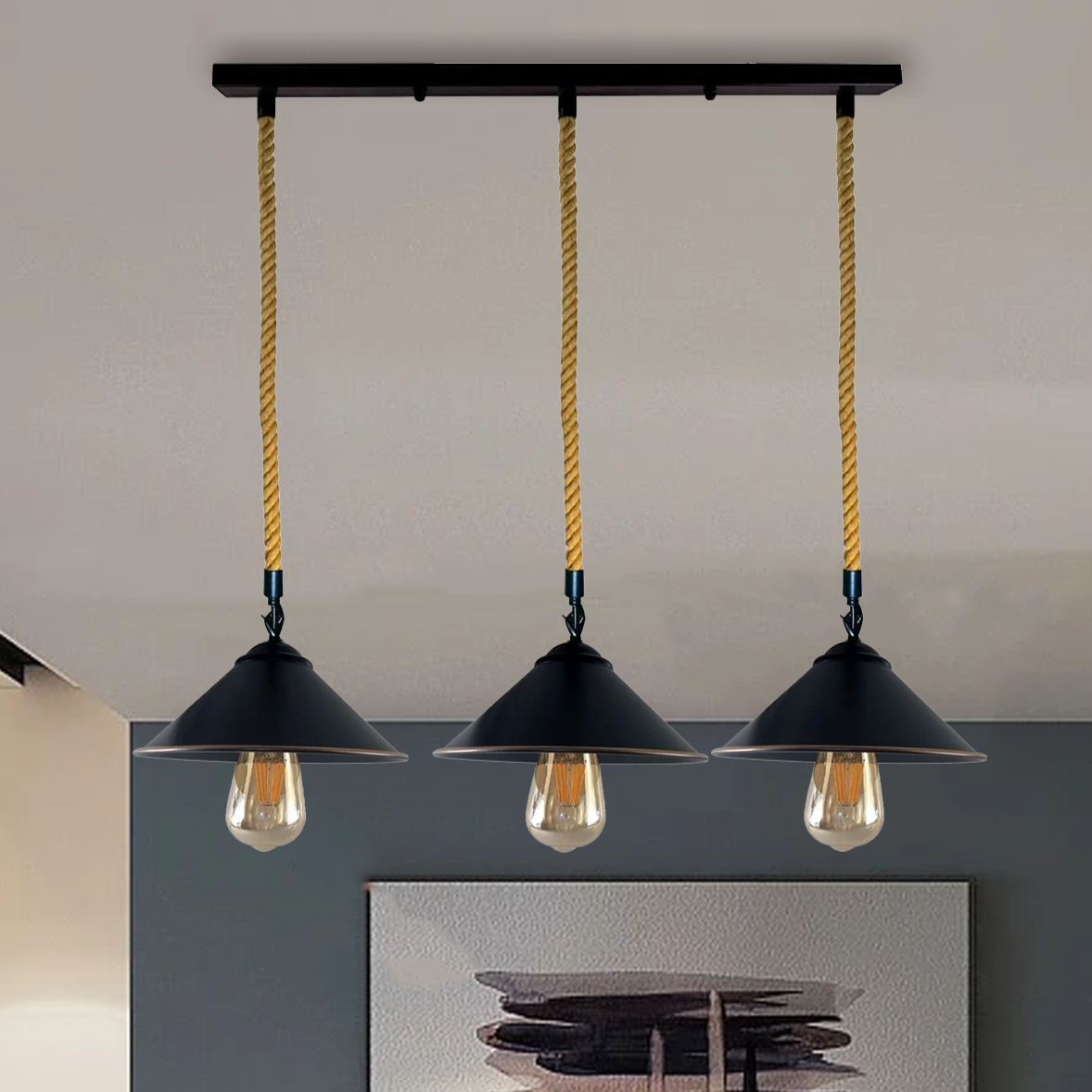 Rustic Hemp Rope 3-Head Dimmable E27 Industrial Vintage Pendant Light