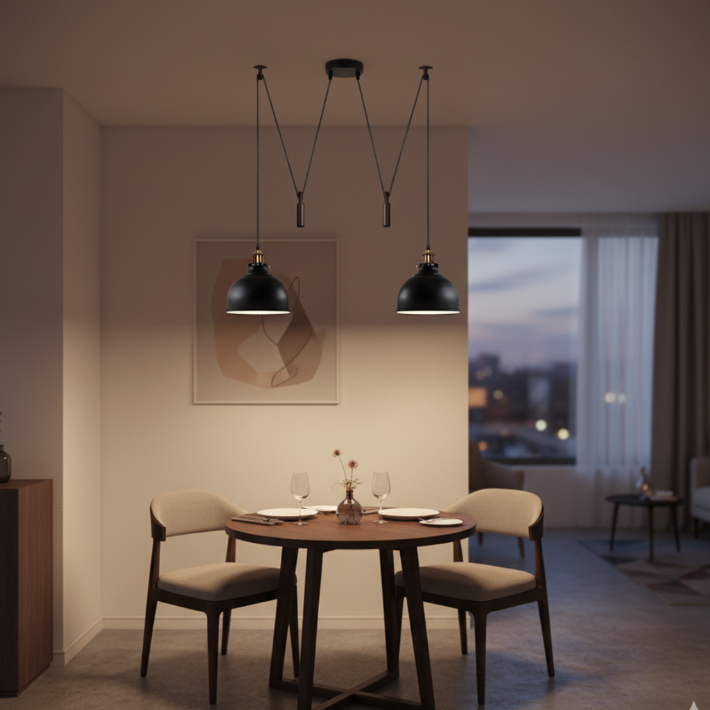 Industrial Matte Black Double Pulley Adjustable Pendant Light Fixture