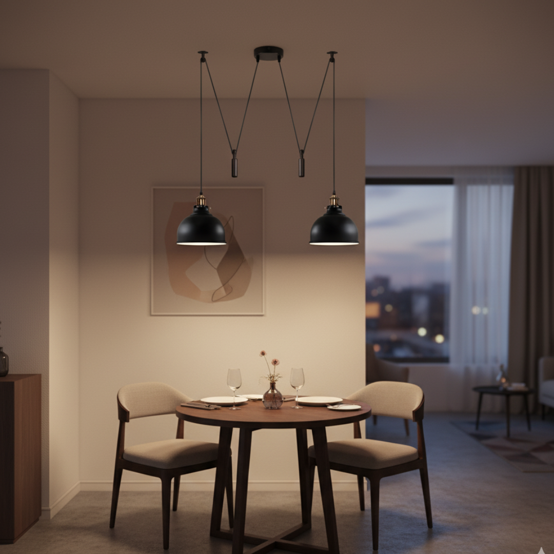 Industrial Matte Black Double Pulley Adjustable Pendant Light Fixture
