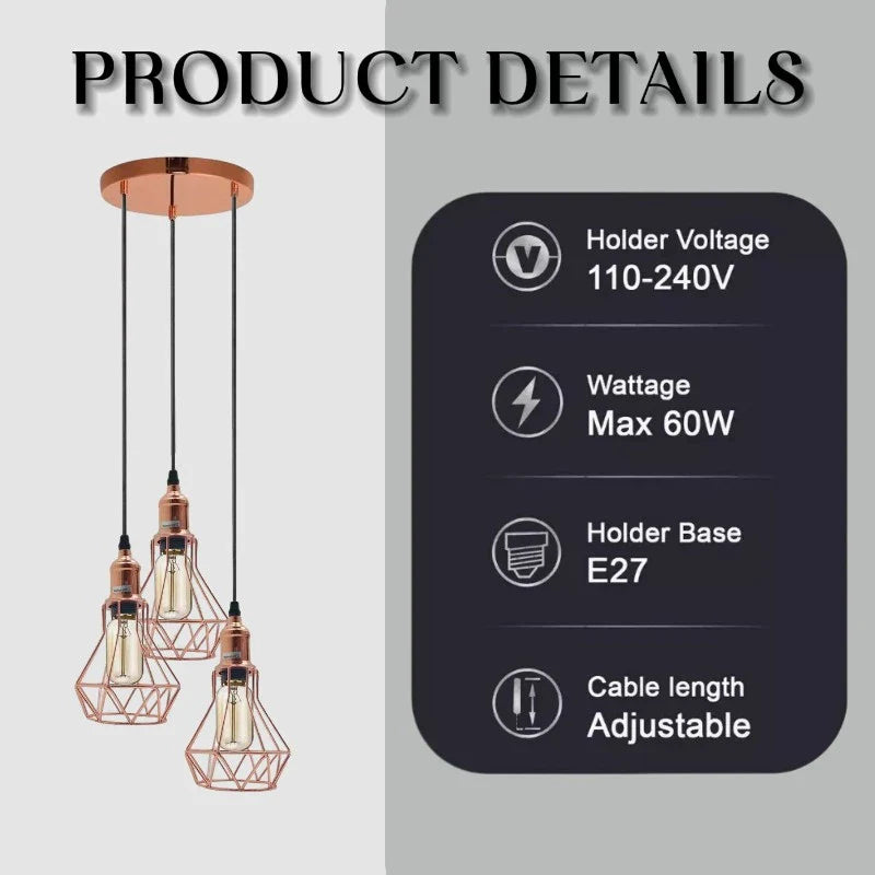 Vintage Retro 3-Way Diamond Cage Pendant Ceiling Light, Rose Gold Finish
