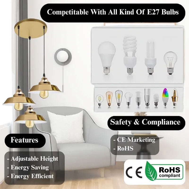 Vintage Industrial 3-Light Metal Ceiling Pendant Lamp E27 Retro Style