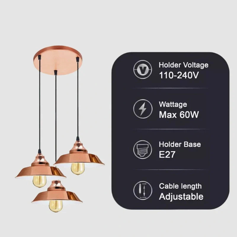Vintage Industrial Rose Gold 3-Head Metal Ceiling Pendant Light Fixture