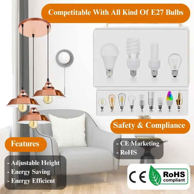 Vintage Industrial Rose Gold 3-Head Metal Ceiling Pendant Light Fixture