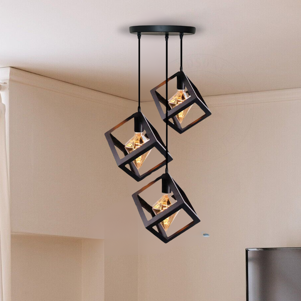 Industrial 3 Head Black Square Wire Cage Bar Pendant Light