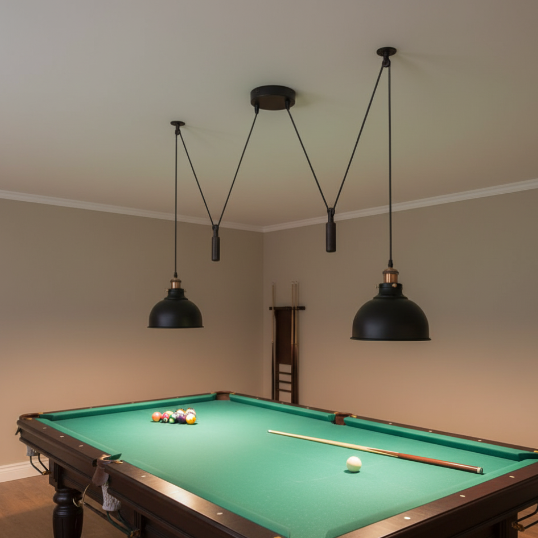 Industrial Matte Black Double Pulley Adjustable Pendant Light Fixture