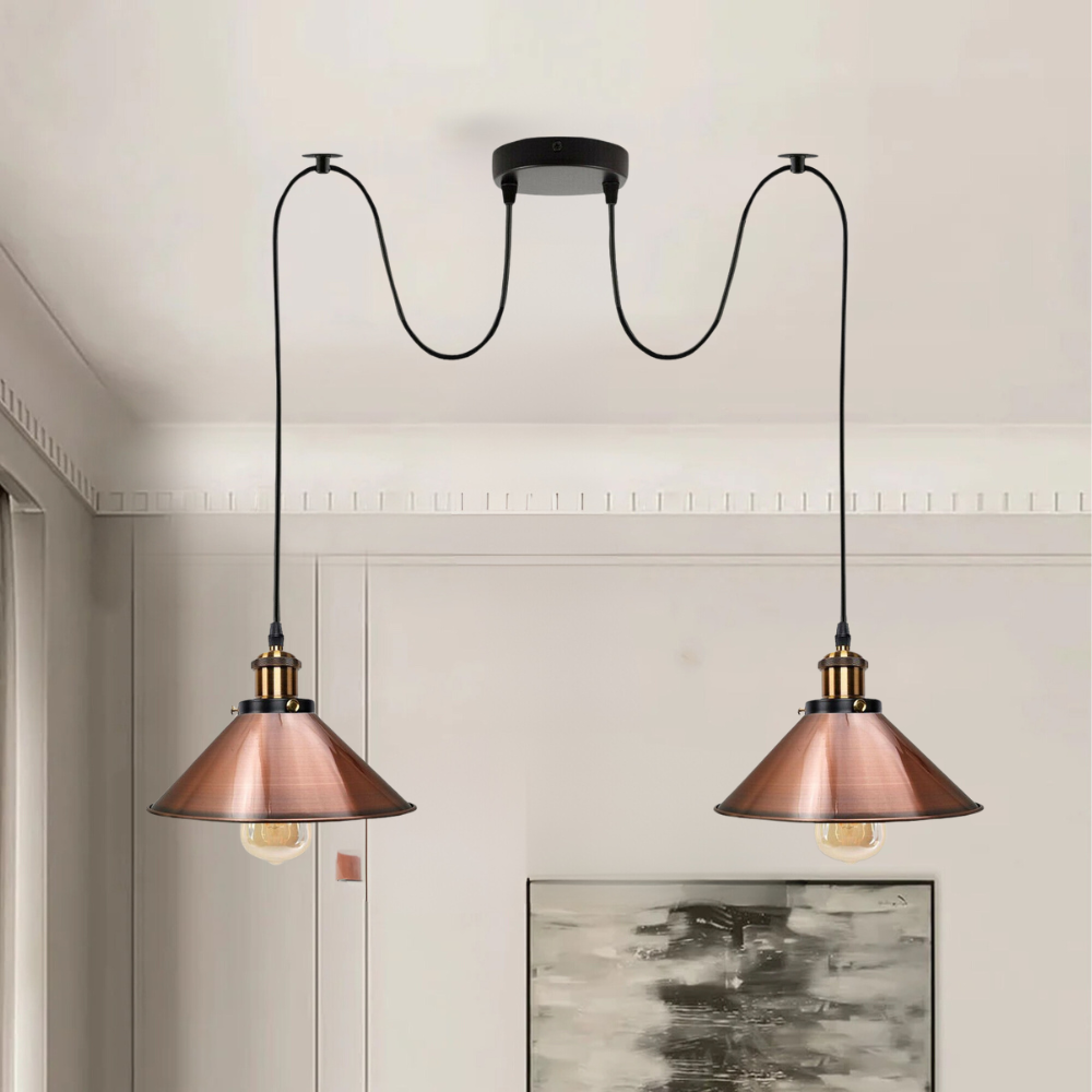 Vintage Industrial Dual-Head Pendant Light, Metal & PVC, E27 Socket